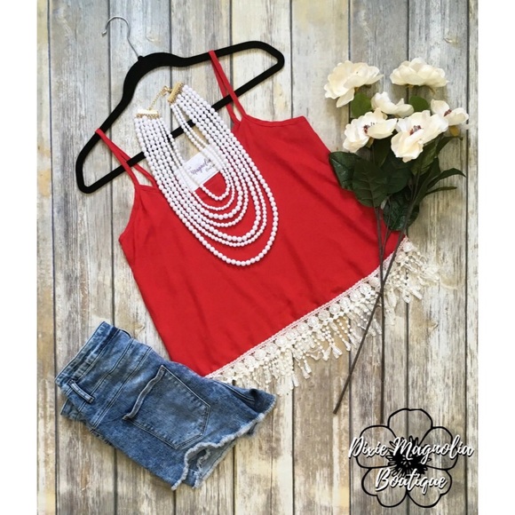 Tops - ❌SOLD OUT❌ Red and White Fringe Gameday Top
