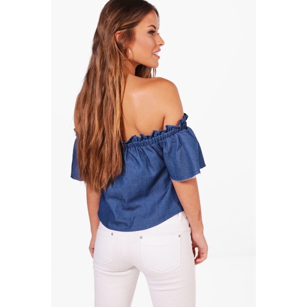 Petite Ruffle Denim Look Off the Shoulder Top - Picture 2 of 7