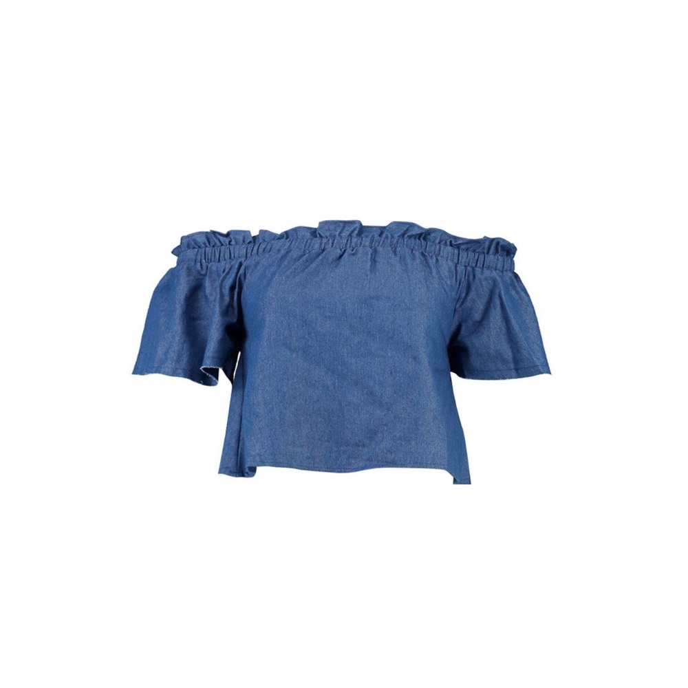 Petite Ruffle Denim Look Off the Shoulder Top - Picture 3 of 7