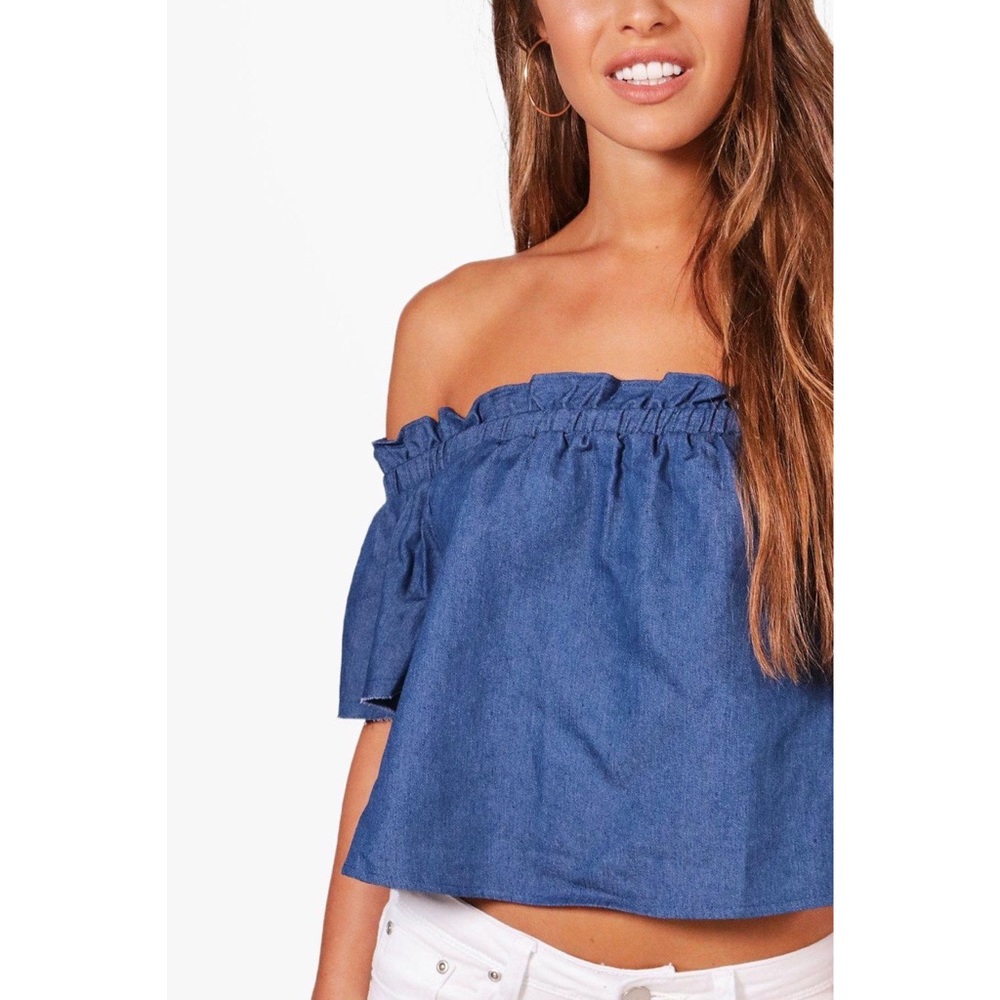 Petite Ruffle Denim Look Off the Shoulder Top - Picture 4 of 7