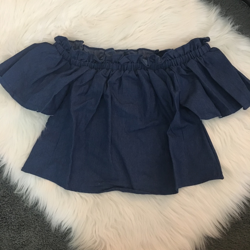 Petite Ruffle Denim Look Off the Shoulder Top - Picture 6 of 7