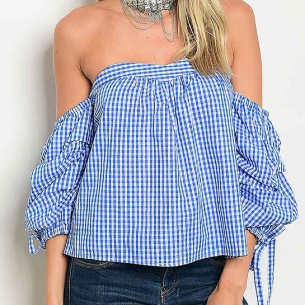 1M LEFT! Blue checkered off shoulder top - Picture 2 of 9