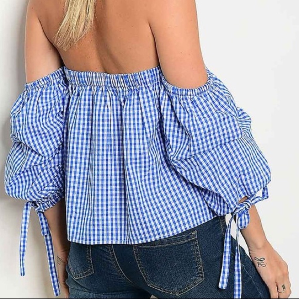 1M LEFT! Blue checkered off shoulder top - Picture 9 of 9
