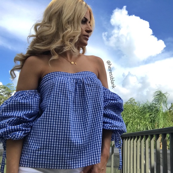 1M LEFT! Blue checkered off shoulder top - Picture 8 of 9
