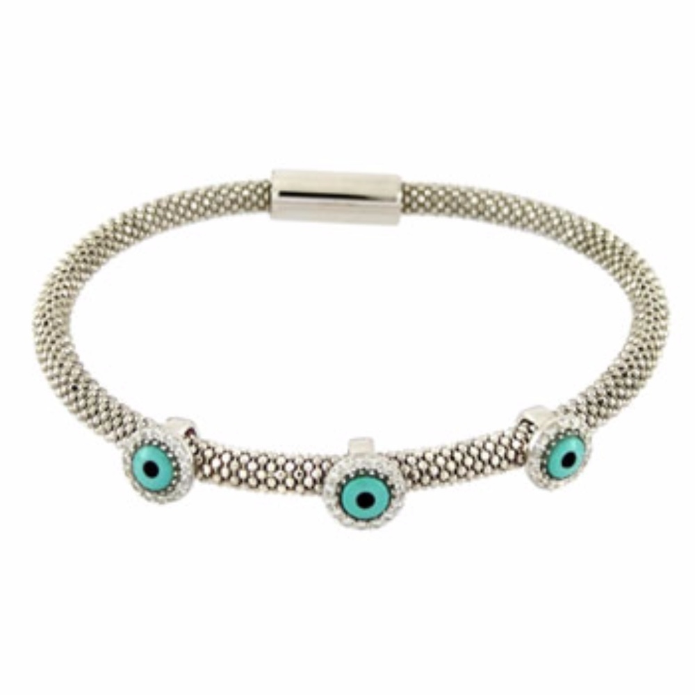 Italian Sterling Silver W/ Evil Eyes Rhodium Mesh
