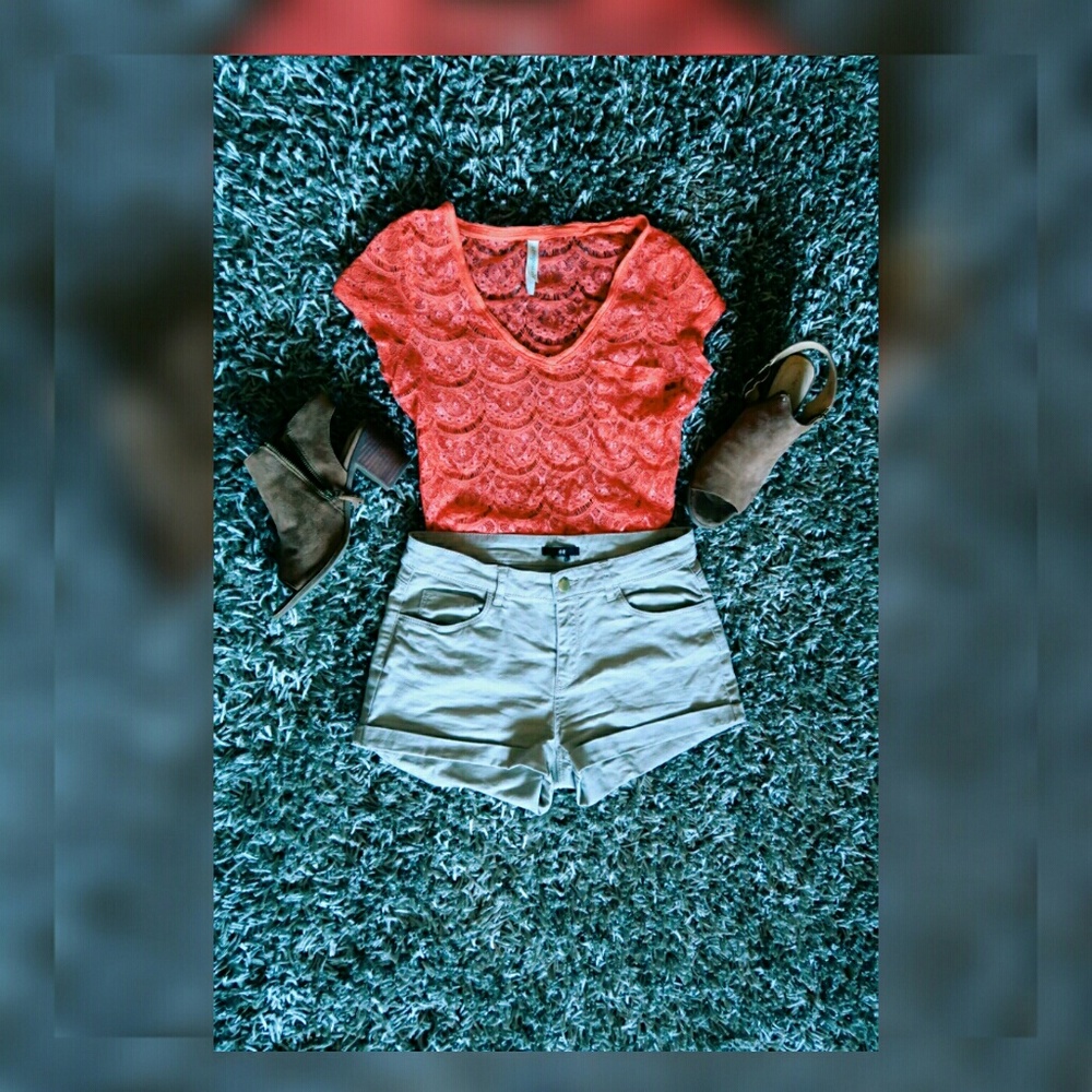 Coral Laced V-Neck + Beige Shorts