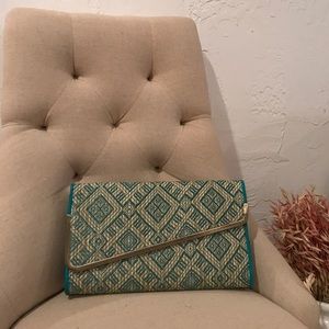 Turquoise Blue and Gold Straw Clutch Handbag