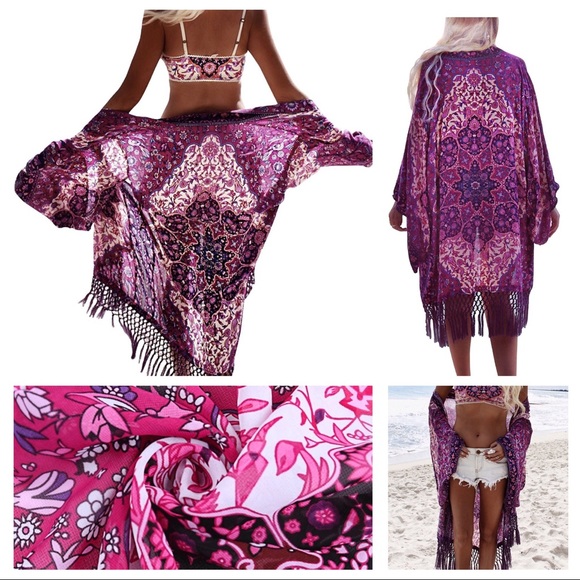 Pink and purple bohemian fringe kimono cover up - Picture 5 of 8