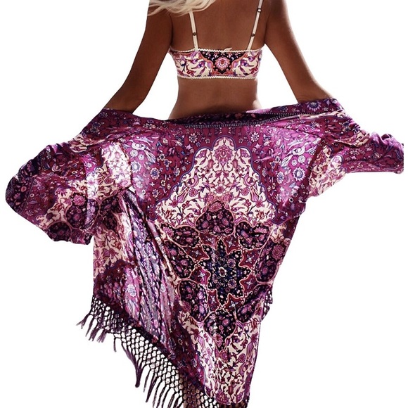 Pink and purple bohemian fringe kimono cover up - Picture 2 of 8