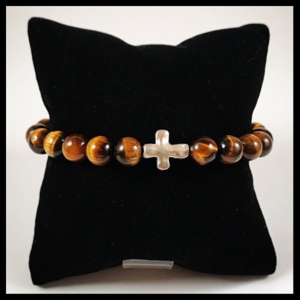 Men tiger eye gemstones silver cross bead bracelet