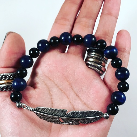 Genuine blue tiger eye onyx feather bead bracelet - Picture 1 of 8