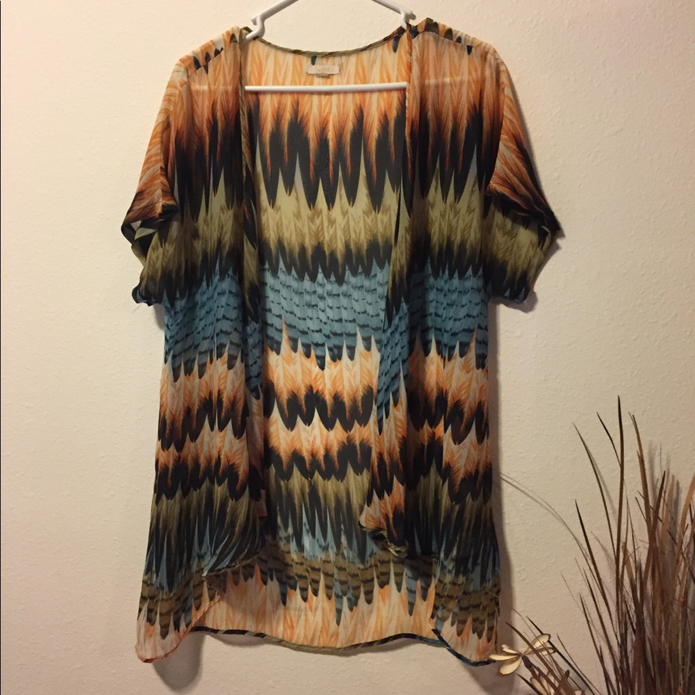 Vibrant kimono in colorful feather design.