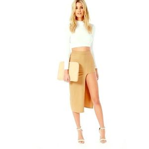 Misguided asymmetric split midi skirt camel