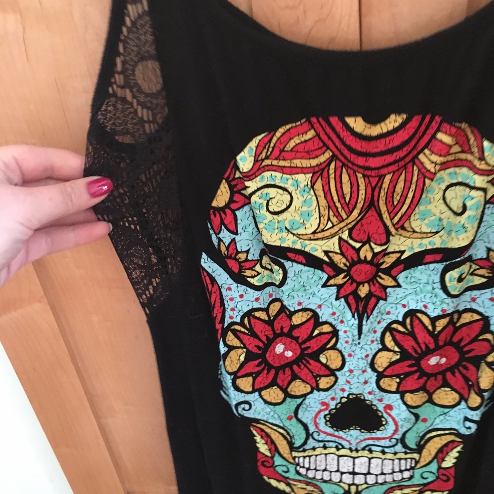 Modcloth M: Day of the Dead Tank w/Lace Side Pane