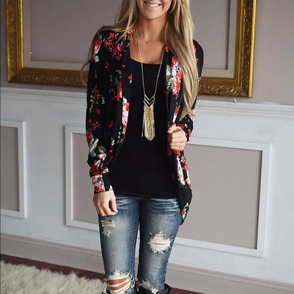 Black Floral Jacket Shape Cardigan, Relaxed Fit - Picture 2 of 3