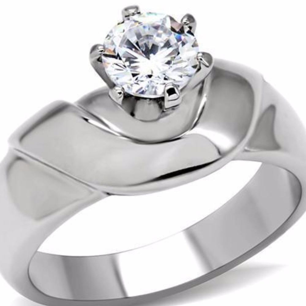 Stainless Steel 1Ct Cz Solitaire Engagement Ring