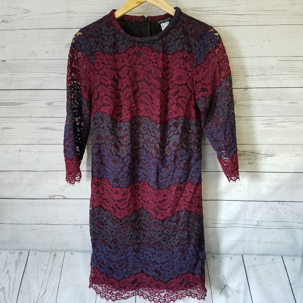 Venus Lace Maroon Navy Stripe Shift Cocktail Dress