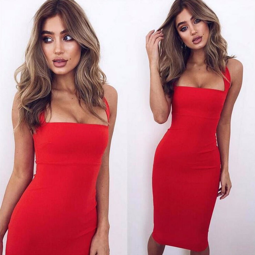 Last 1! Red Hot Fire Backless Bodycon Midi Dress - Picture 2 of 5