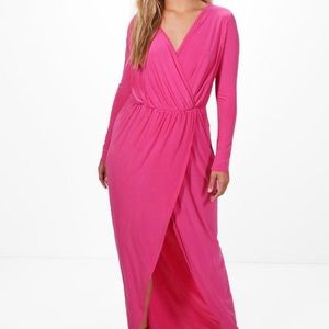 Long sleeve Wrap hi lo dress hot pink