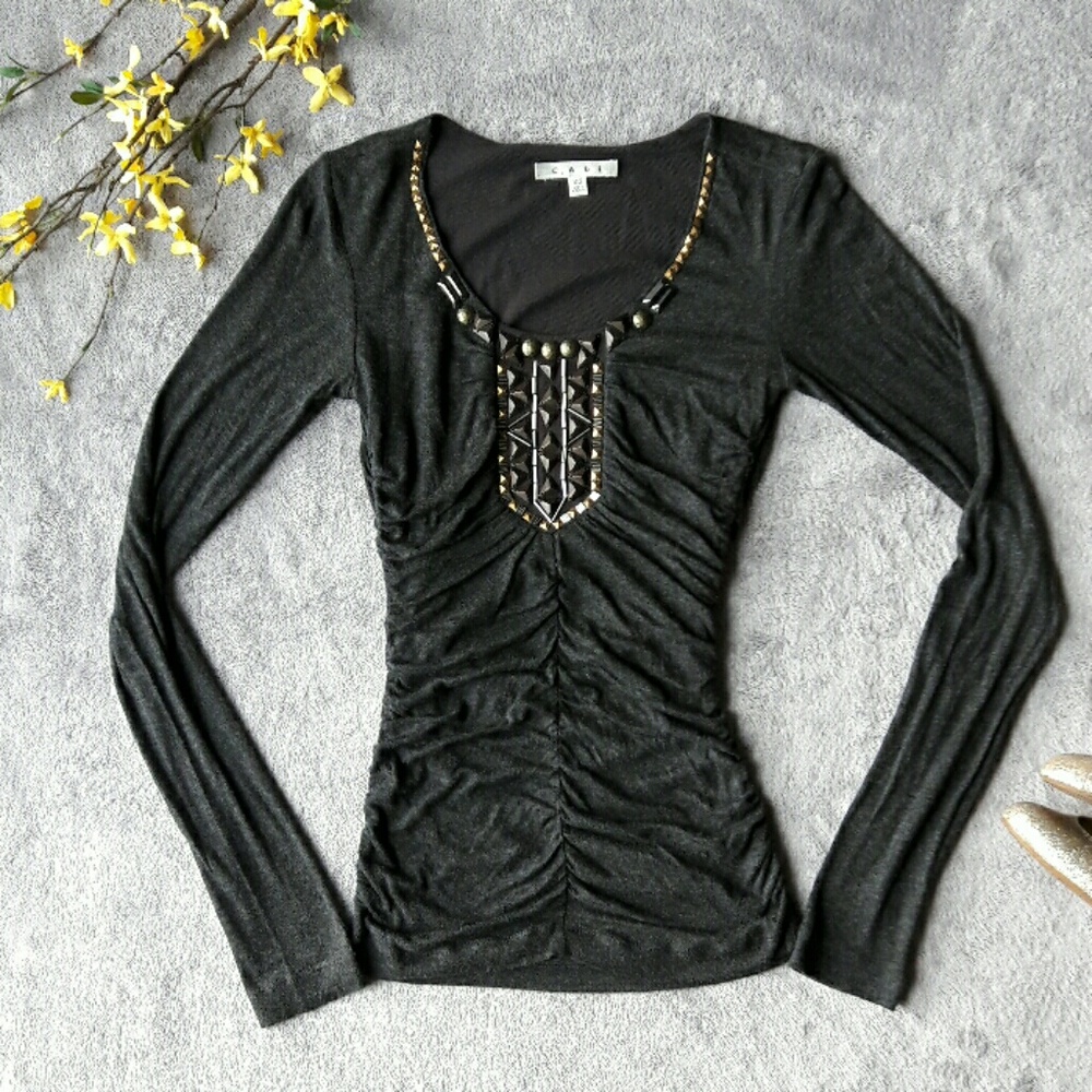 CAbi Dark Grey Long Sleeve Shirt Geometric Pattern