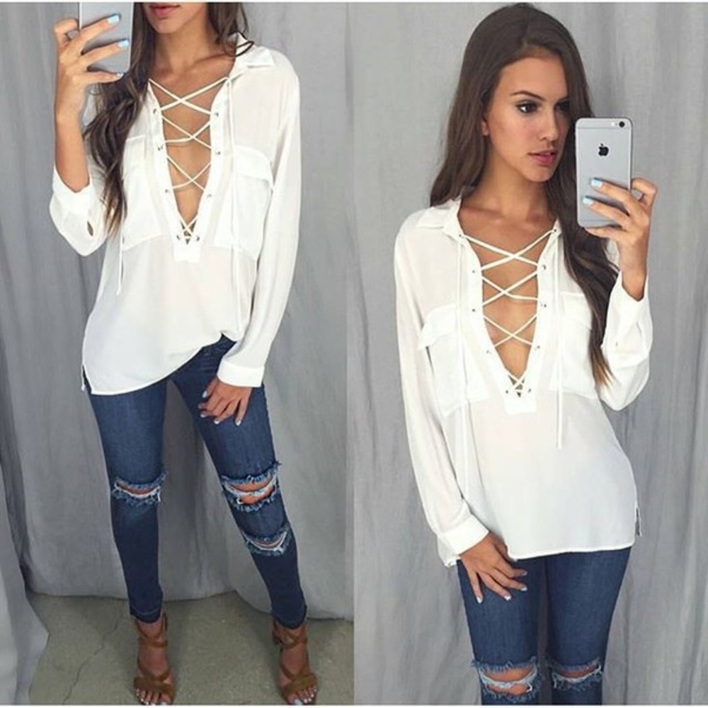 White lace up blouse