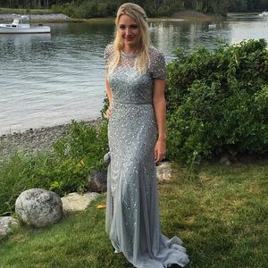 Adrianna Pappell Short Sleeved Beaded Gown