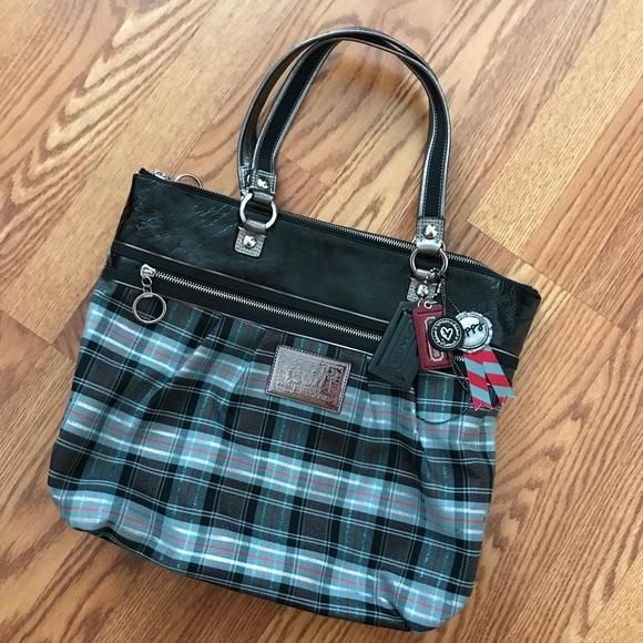 Coach Handbags - Coach Poppy Tartan Plaid Black/Silver Glam Tote