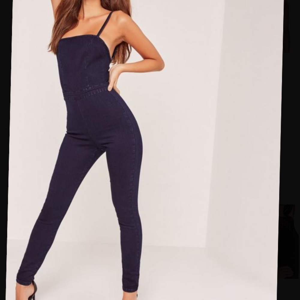 indigo blue super stretch denim jumpsuit