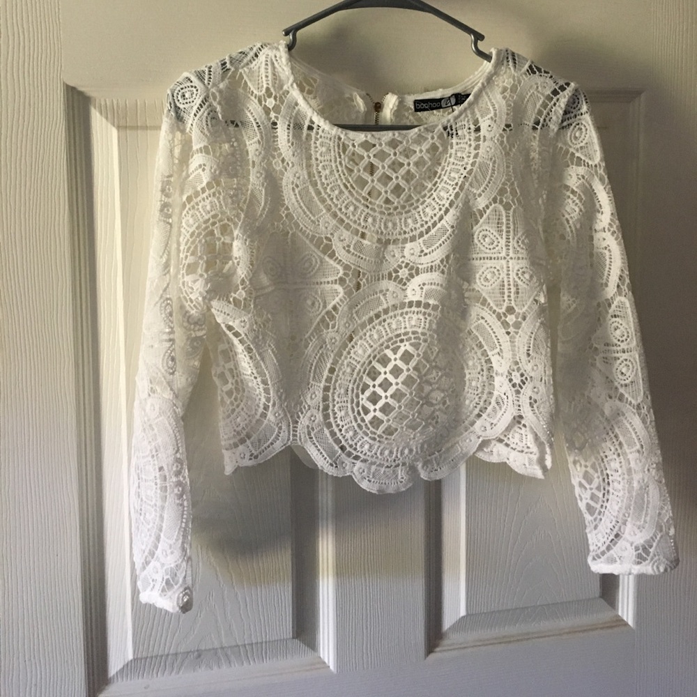 White crochet lace zip back crop top