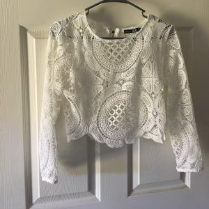 White crochet lace zip back crop top