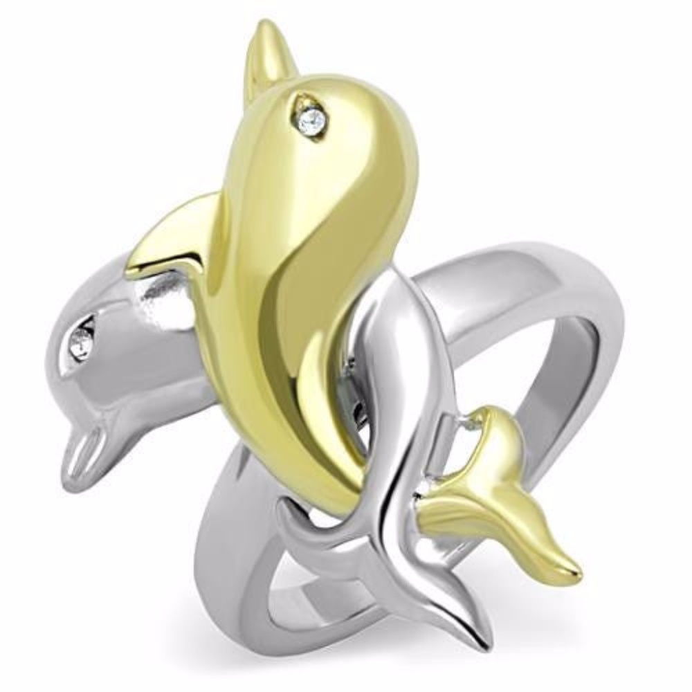 Stainless Steel 2 Tone Double Dolphin Cz Ring