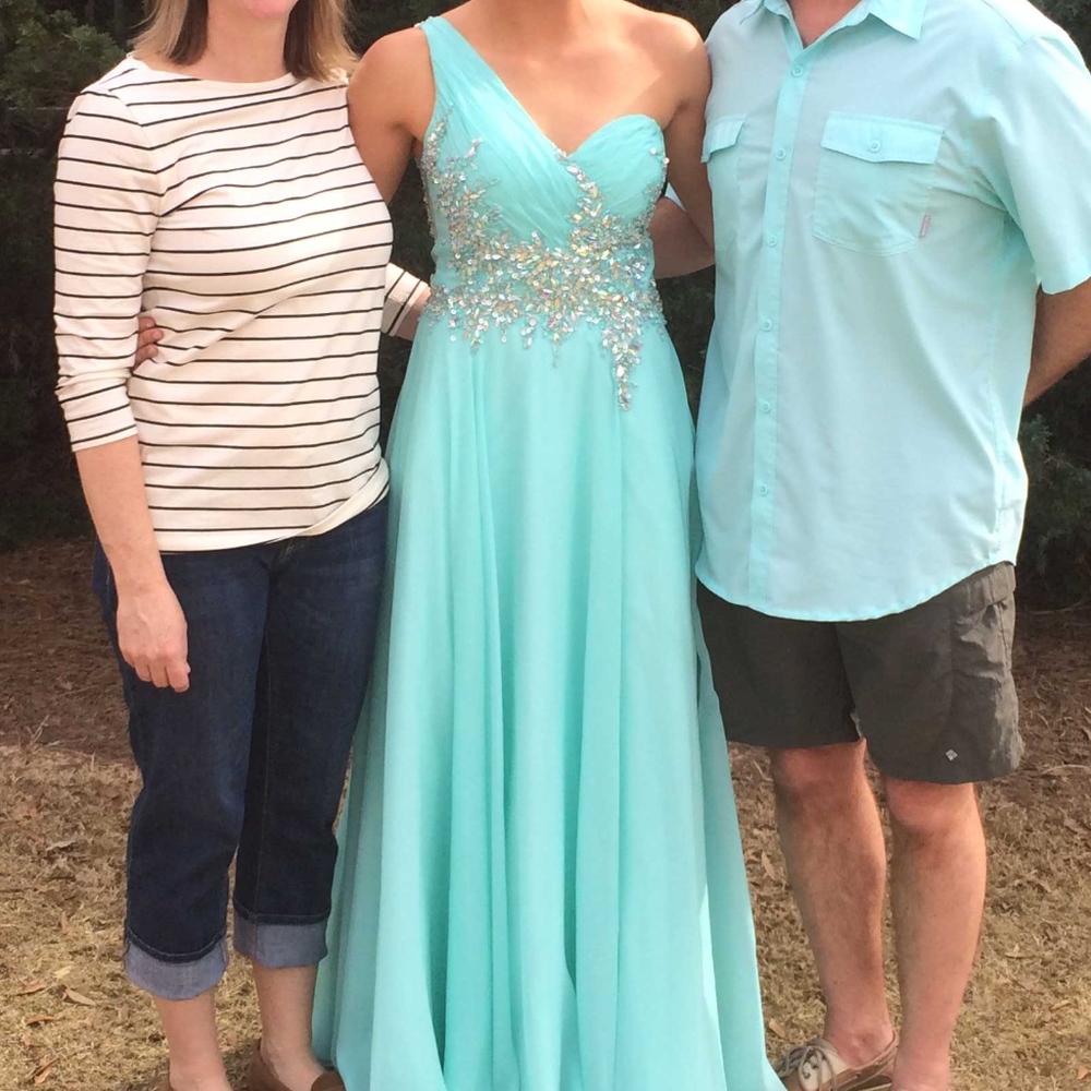 Bright aqua blue one shoulder prom dress