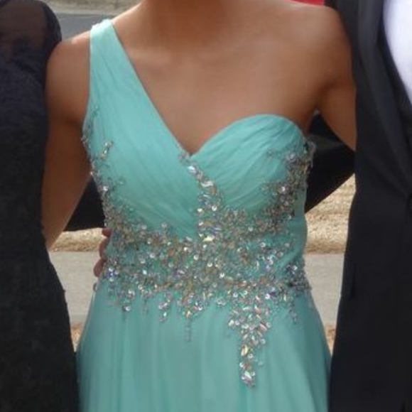 Bright aqua blue one shoulder prom dress - Picture 3 of 5