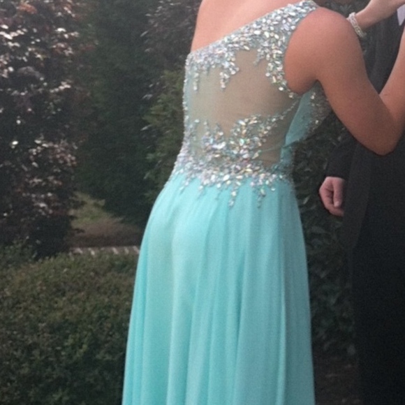 Bright aqua blue one shoulder prom dress - Picture 2 of 5