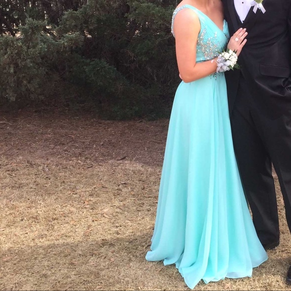 Bright aqua blue one shoulder prom dress - Picture 5 of 5