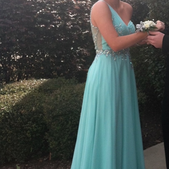 Bright aqua blue one shoulder prom dress - Picture 4 of 5
