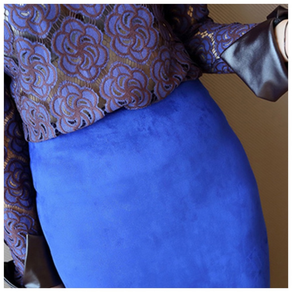 Cobalt Blue Microfiber Faux Suede Pencil Skirt - Picture 4 of 8