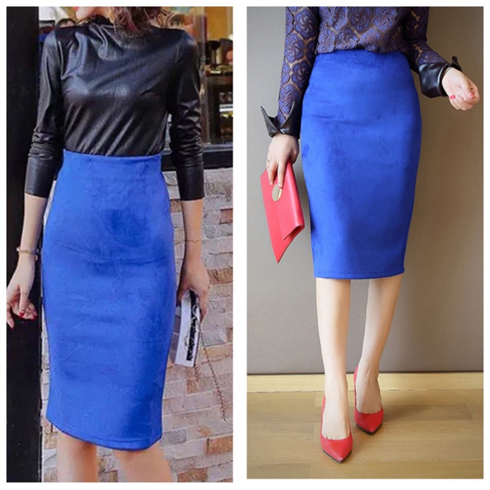 Cobalt Blue Microfiber Faux Suede Pencil Skirt - Picture 2 of 8