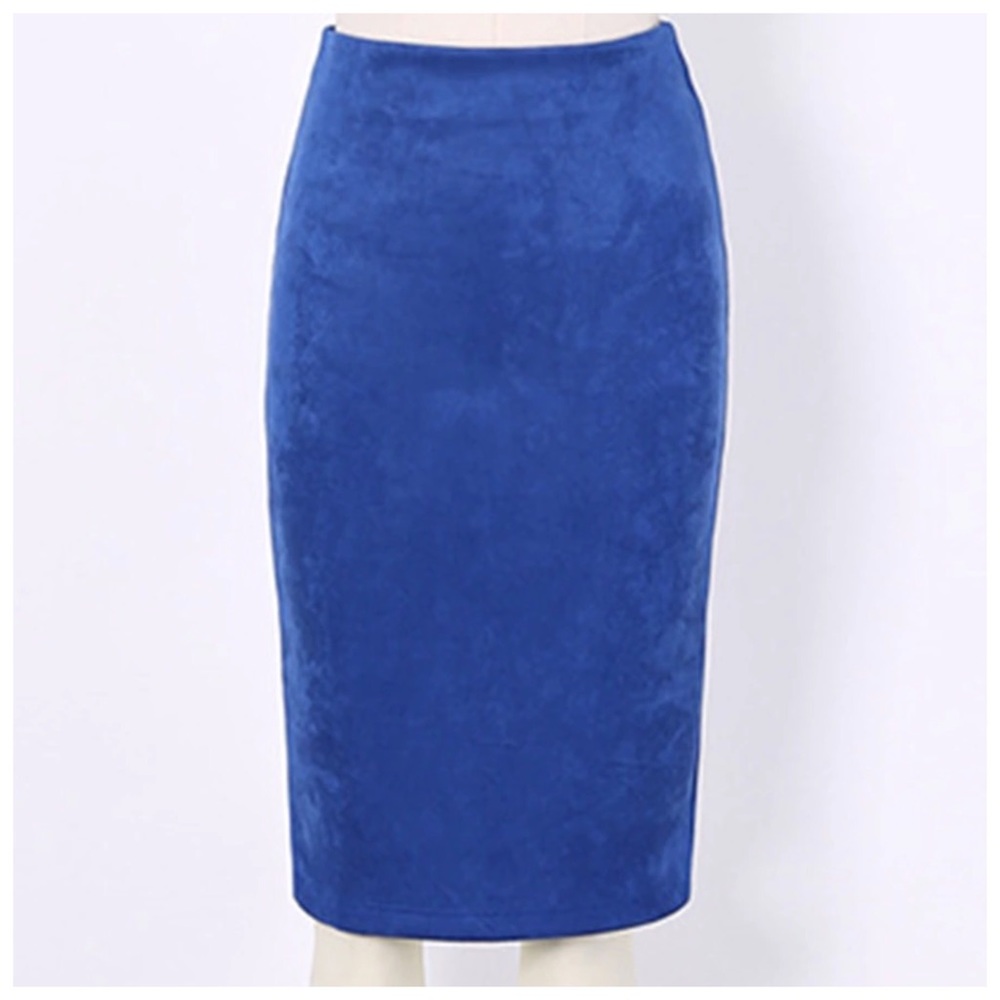 Cobalt Blue Microfiber Faux Suede Pencil Skirt - Picture 8 of 8