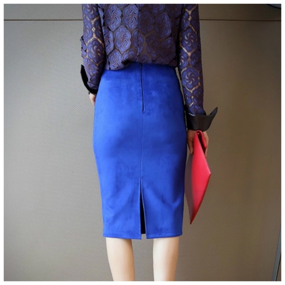 Cobalt Blue Microfiber Faux Suede Pencil Skirt - Picture 3 of 8