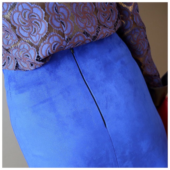Cobalt Blue Microfiber Faux Suede Pencil Skirt - Picture 5 of 8