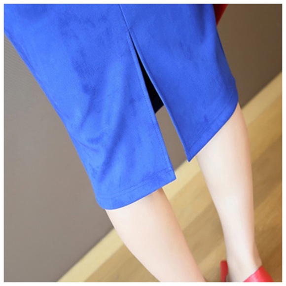 Cobalt Blue Microfiber Faux Suede Pencil Skirt - Picture 6 of 8