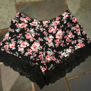 Black & Pink Floral Lace Shorts