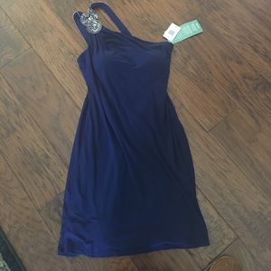 Midnight blue one shoulder dress.