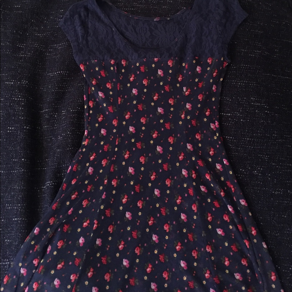 Lace top navy floral dress