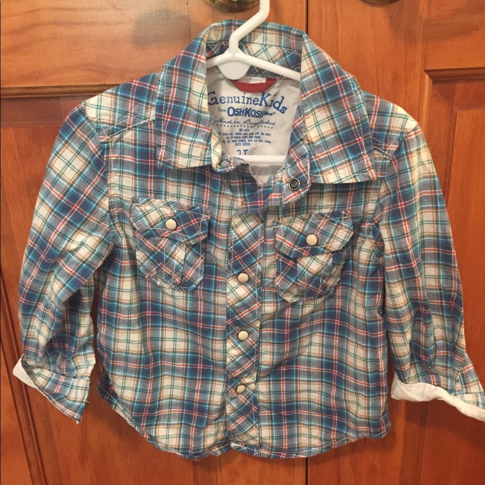 Osh Kosh plaid button down shirt with matching hat