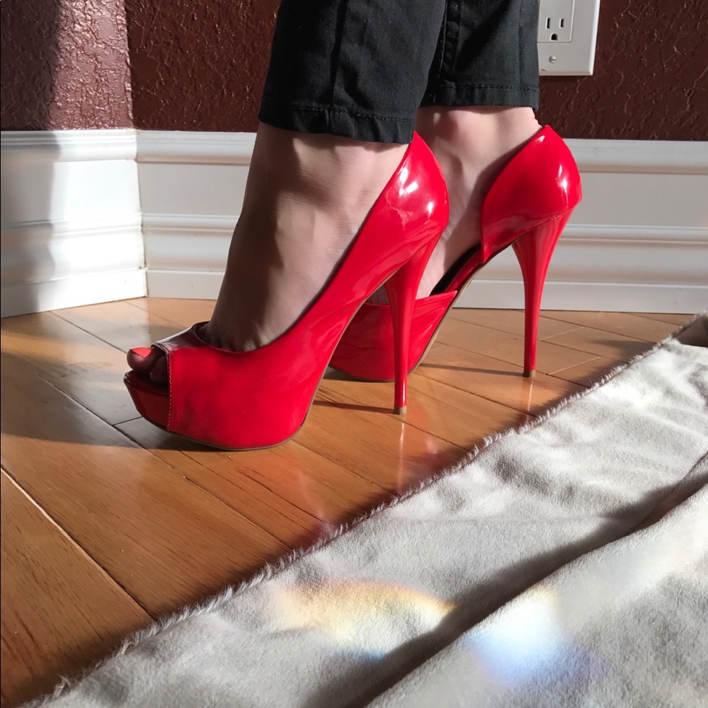 JustFab Red Patent Peep Toe Heels