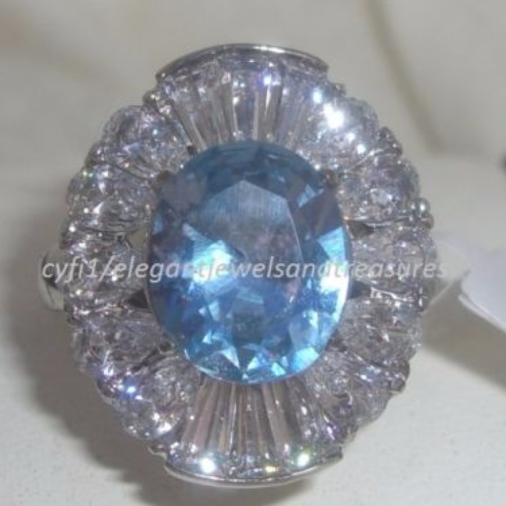 6.65Ct Blue Clear Pear Baguette Cz Ring