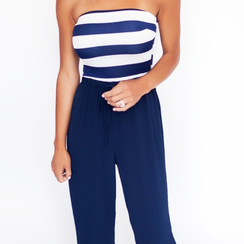 Strapless navy/white striped jumpsuit