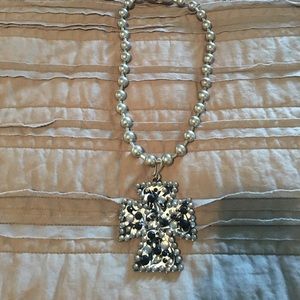 Silver Bead Necklace with Cross Pendant